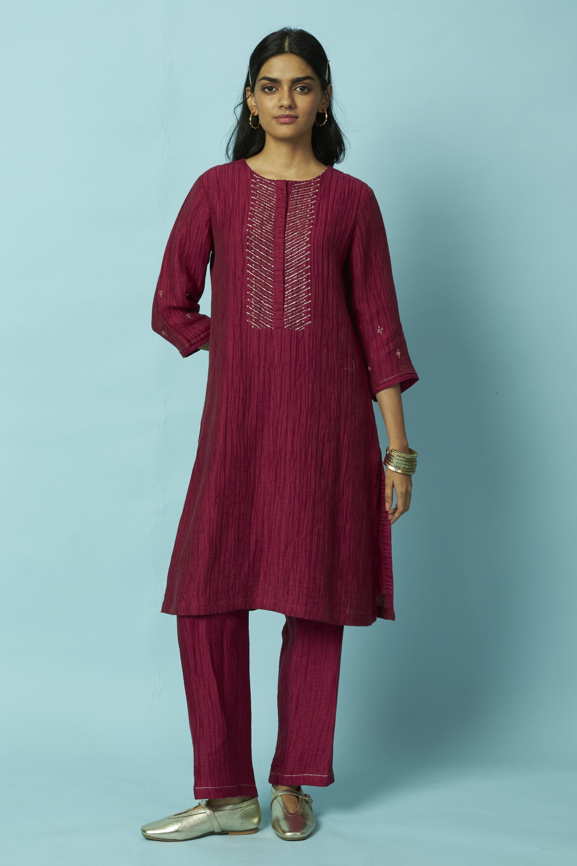 Berry Berry Textured Silk-Linen Tunic Set with Khat Pita Placket | Oregano