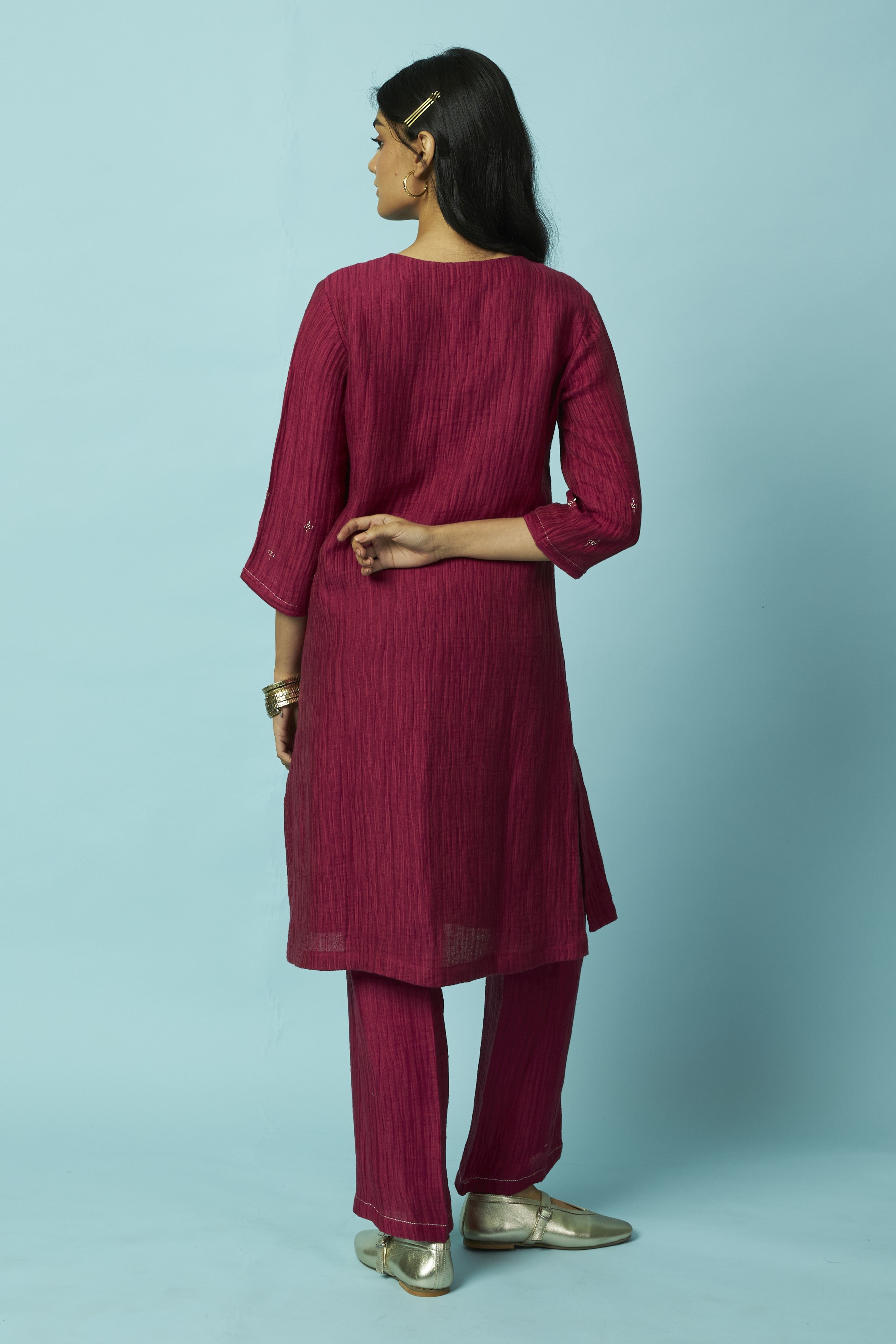 Berry Textured Silk-Linen Tunic Set with Khat Pita Placket | Oregano