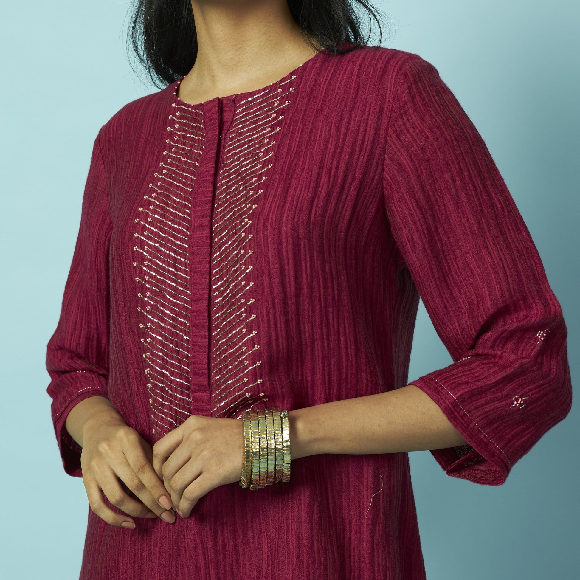 Berry Textured Silk-Linen Tunic Set with Khat Pita Placket | Oregano