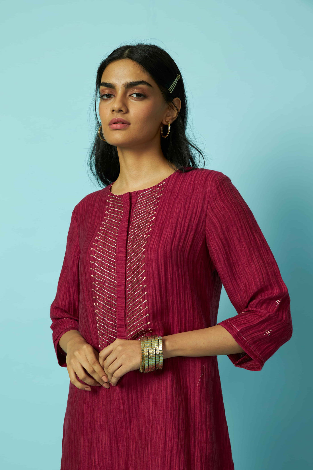 Textured Silk-Linen Berry Kurta Set with Khat Pita Placket
