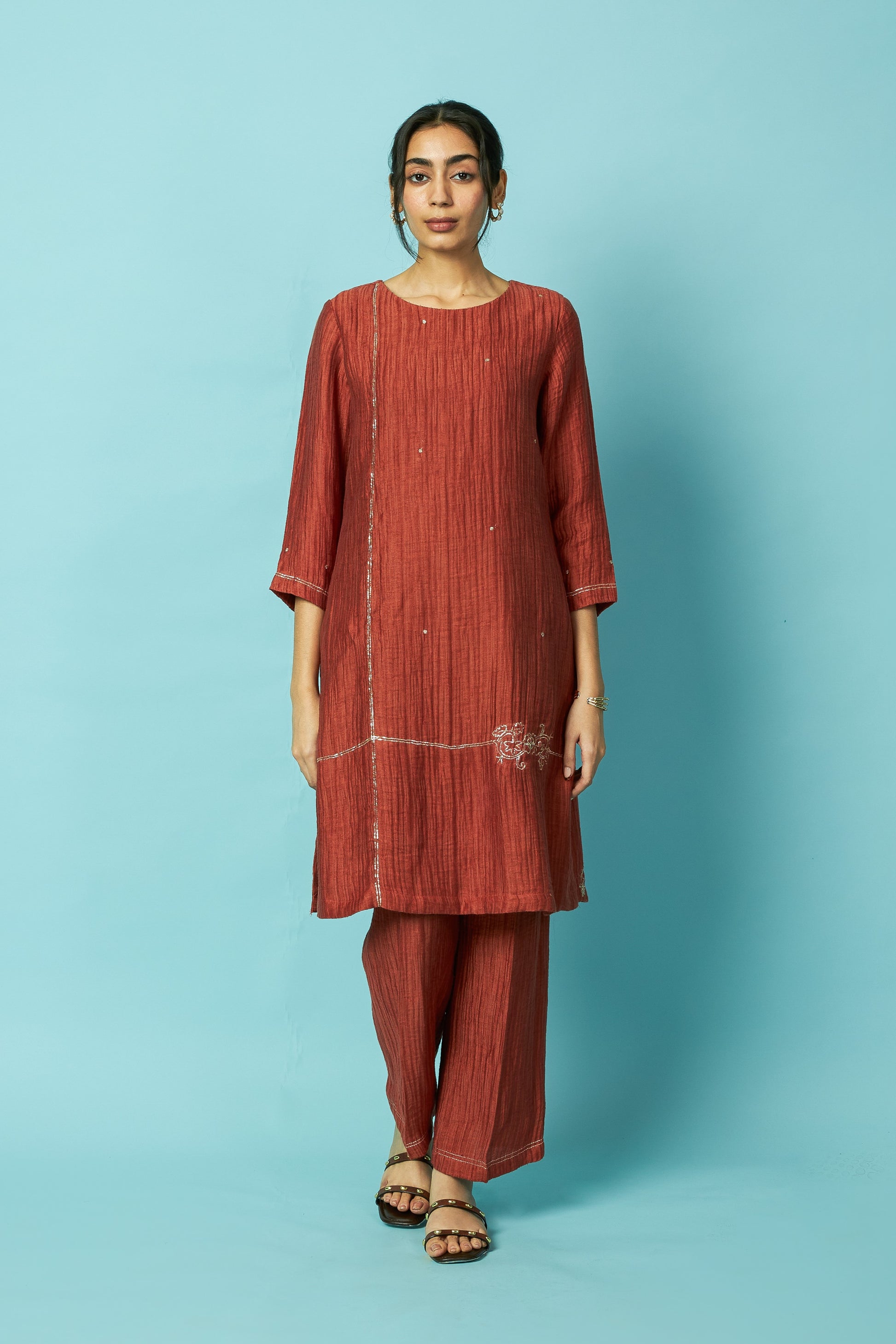 Rust Khat Pita Embroidered Silk Linen Festive Kurta Set | Oregano