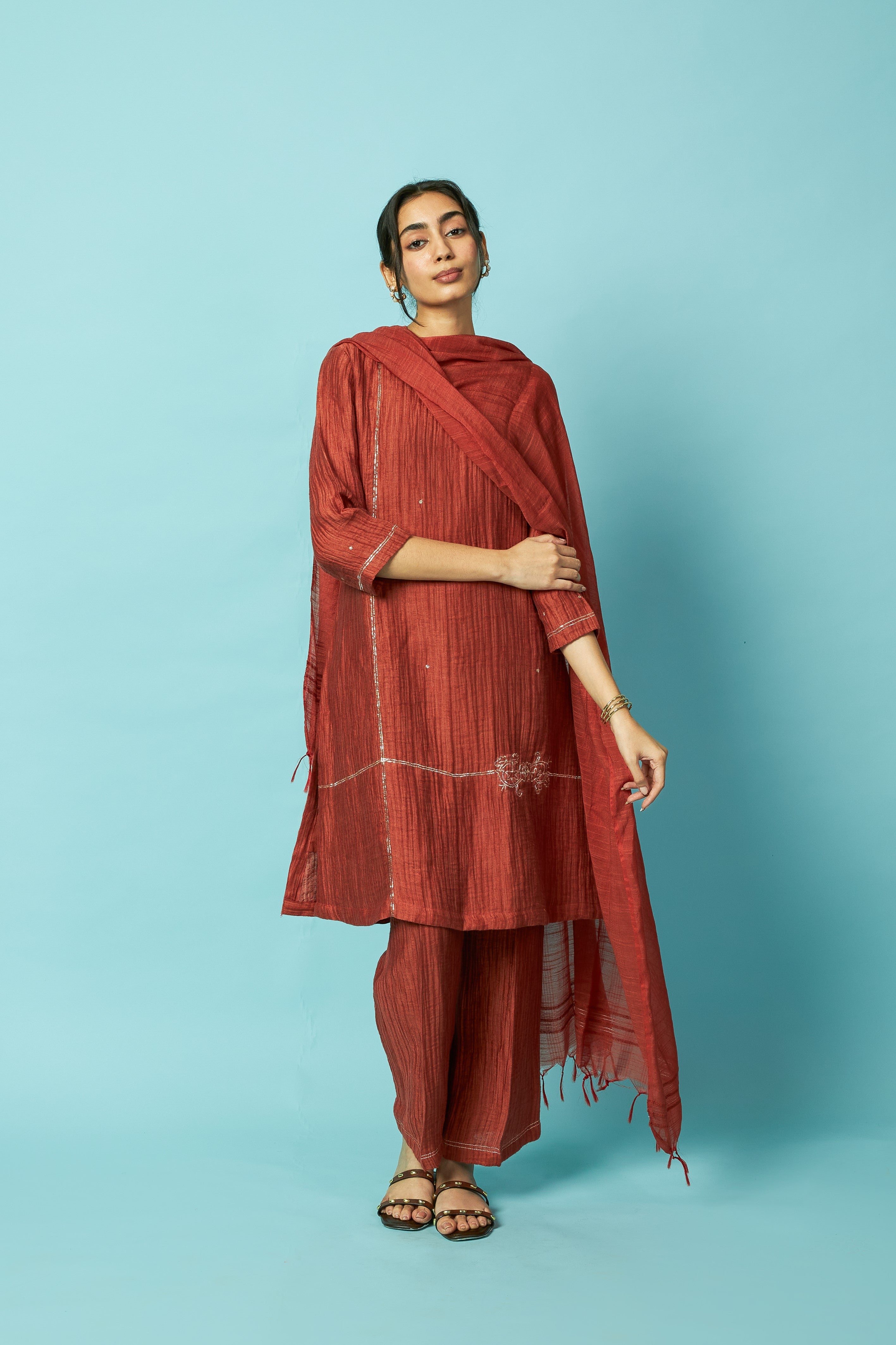 Rust Khat Pita Embroidered Silk Linen Festive Kurta Set | Oregano