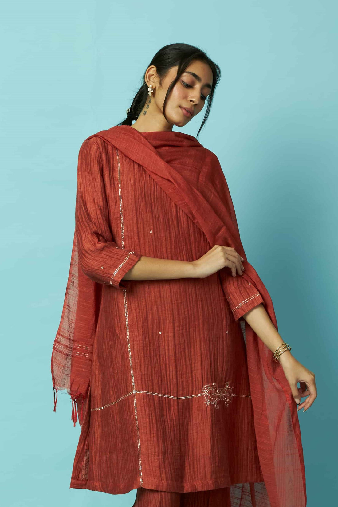 Rust Khat Pita Embroidered Silk Linen Festive Kurta Set | Oregano