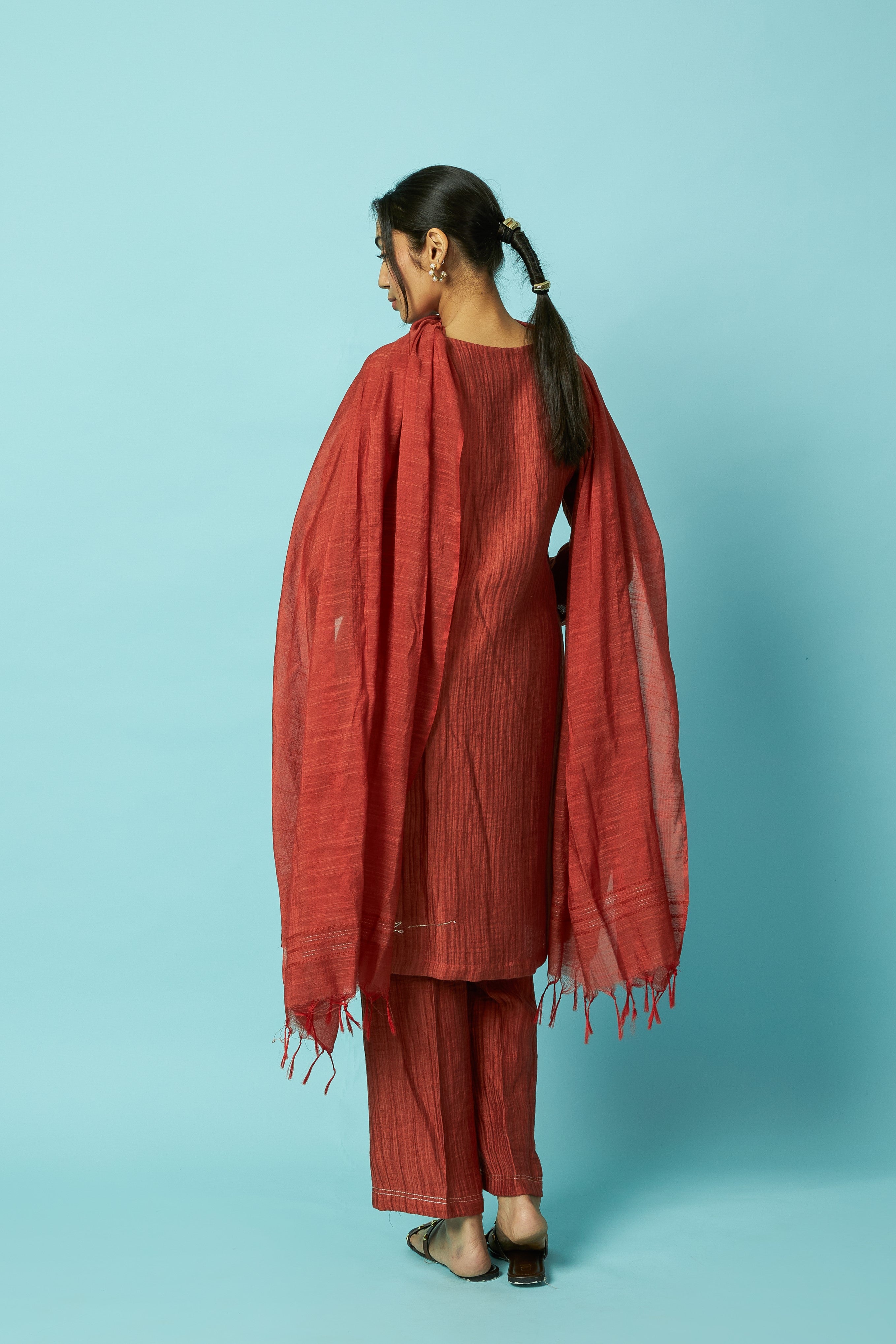 Khat Pita Embroidered Silk Linen Festive Kurta Set | Oregano