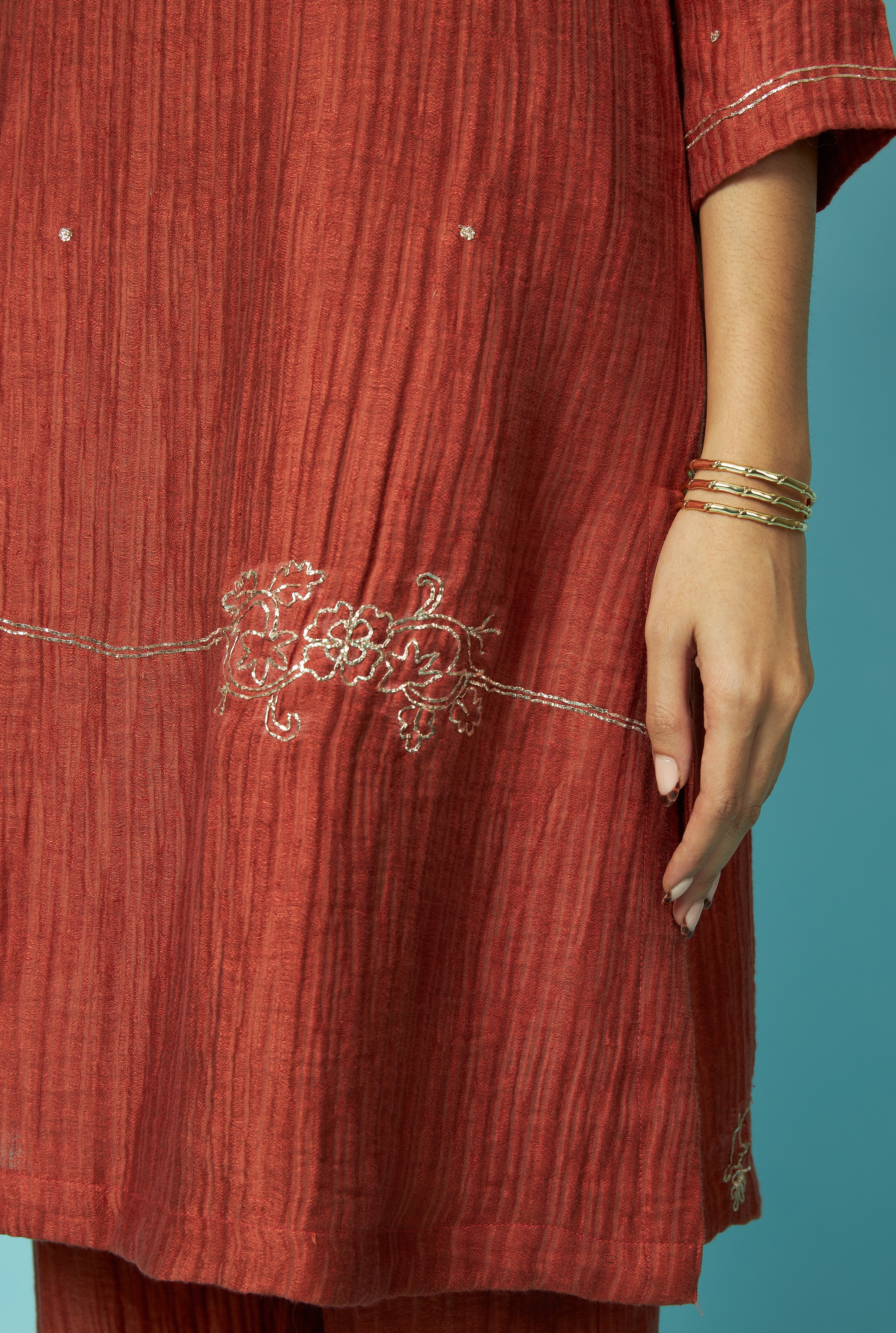 Khat Pita Embroidered Silk Linen Festive Kurta Set | Oregano