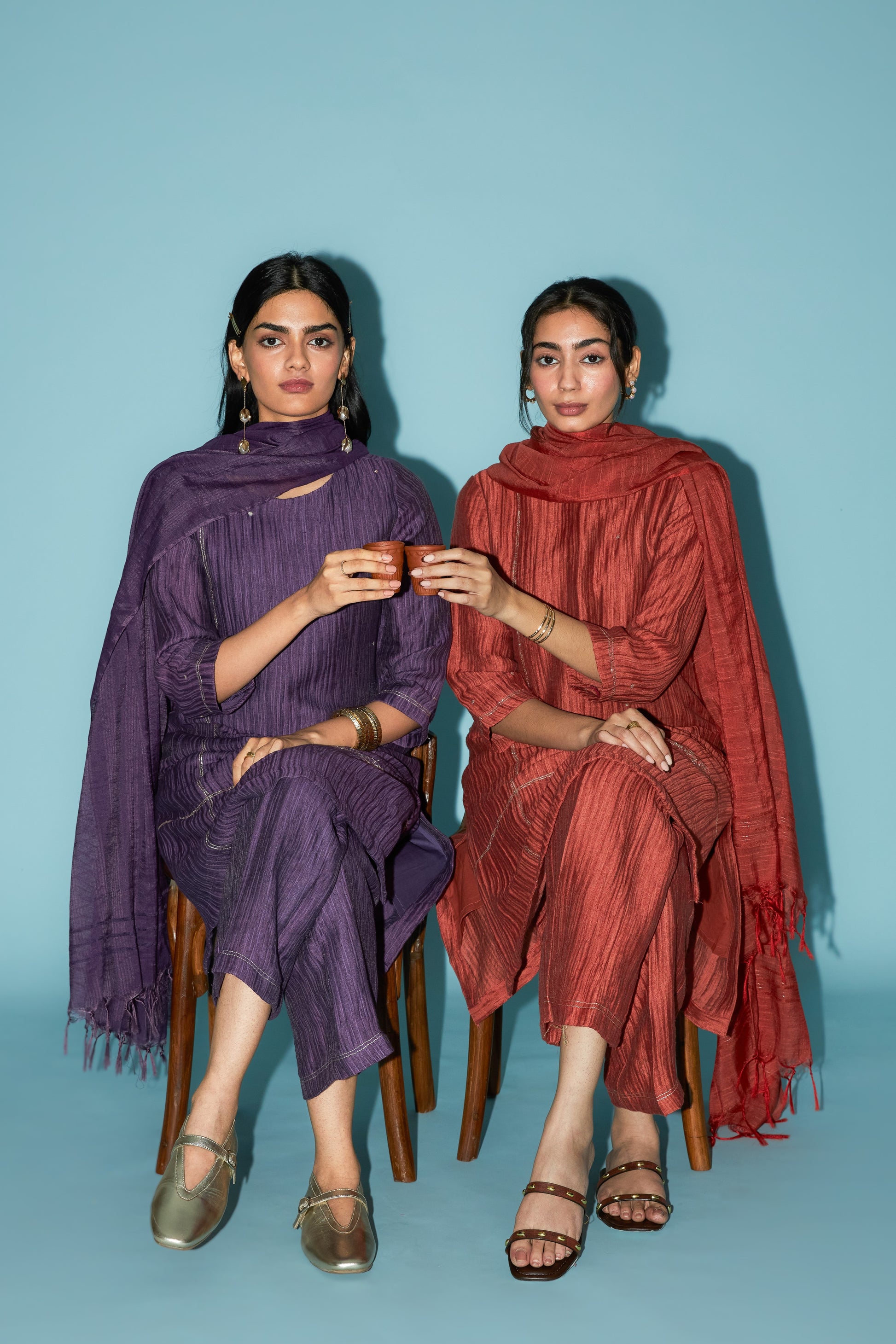 Khat Pita Embroidered Silk Linen Festive Kurta Set | Oregano