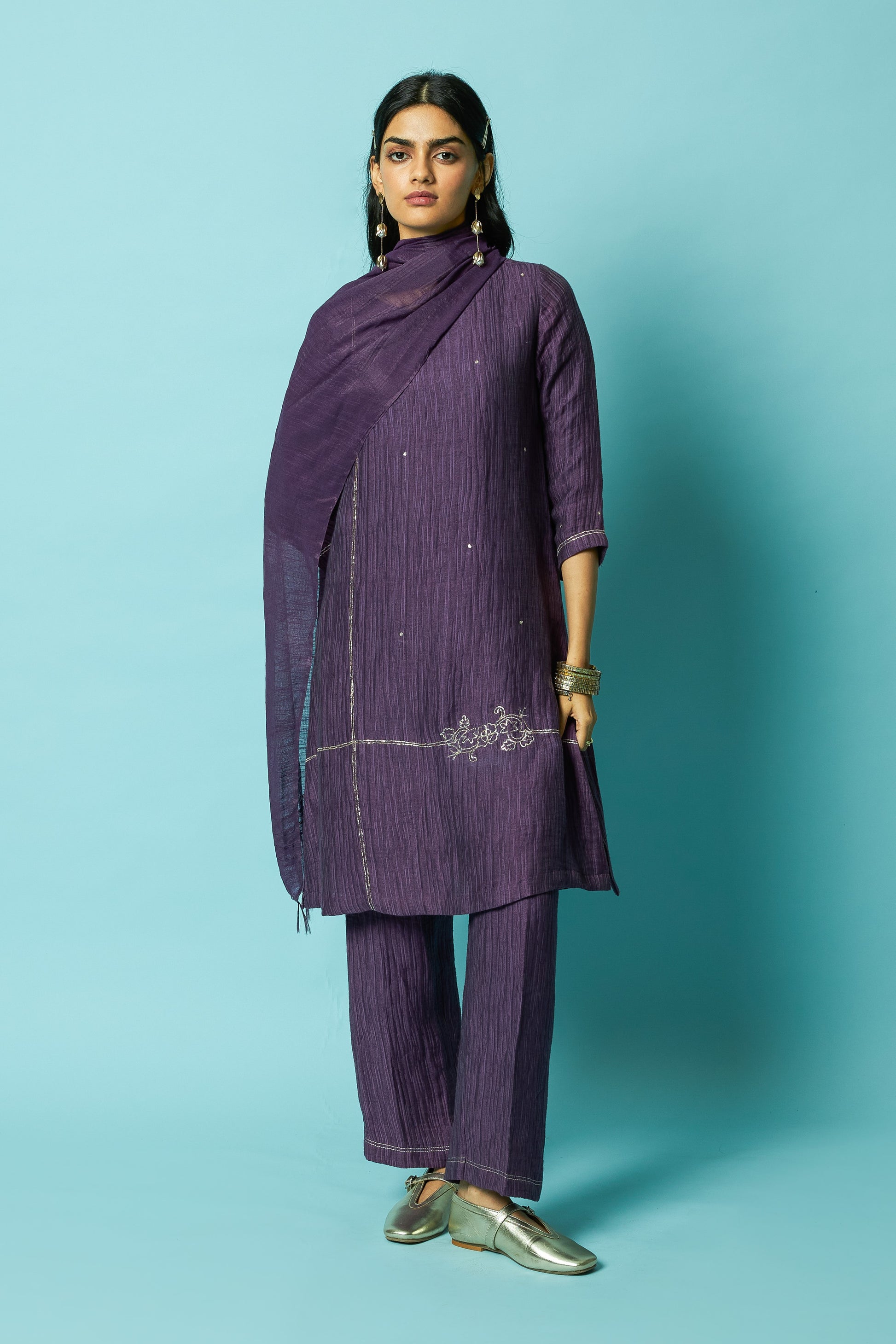 Purple Khat Pita Embroidered Silk Linen Festive Kurta Set | Oregano