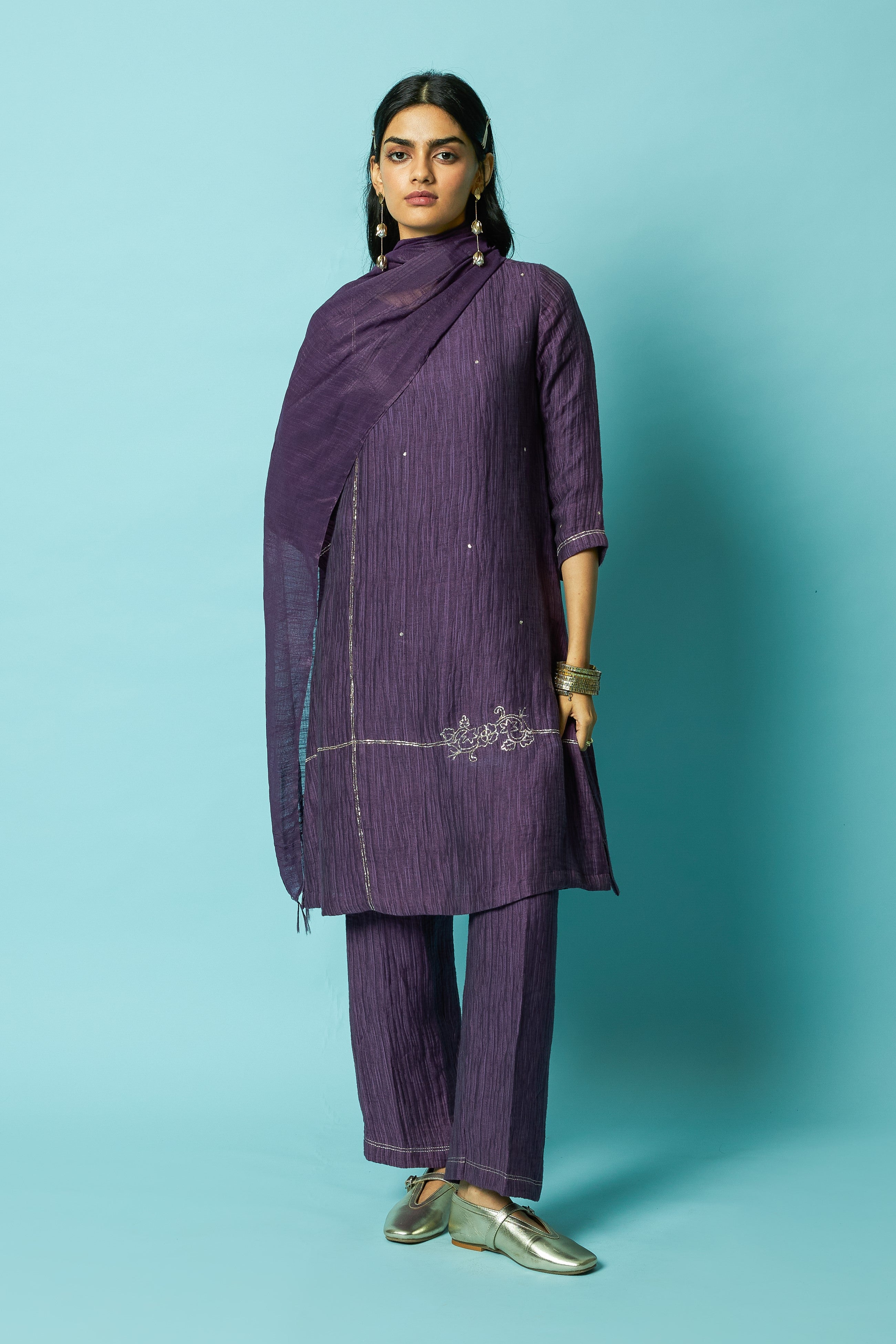 Purple Khat Pita Embroidered Silk Linen Festive Kurta Set | Oregano