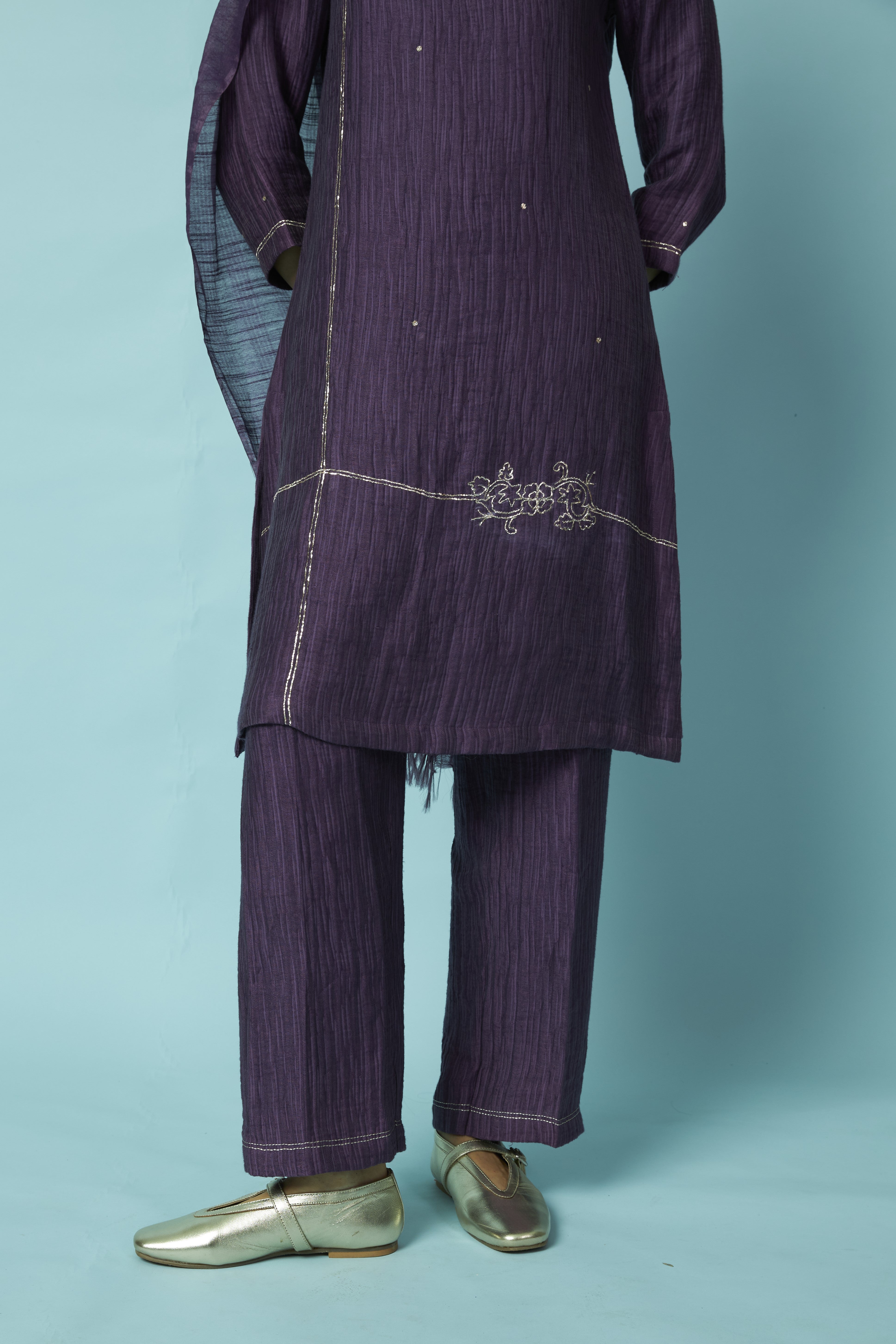 Khat Pita Embroidered Silk Linen Festive Kurta Set | Oregano