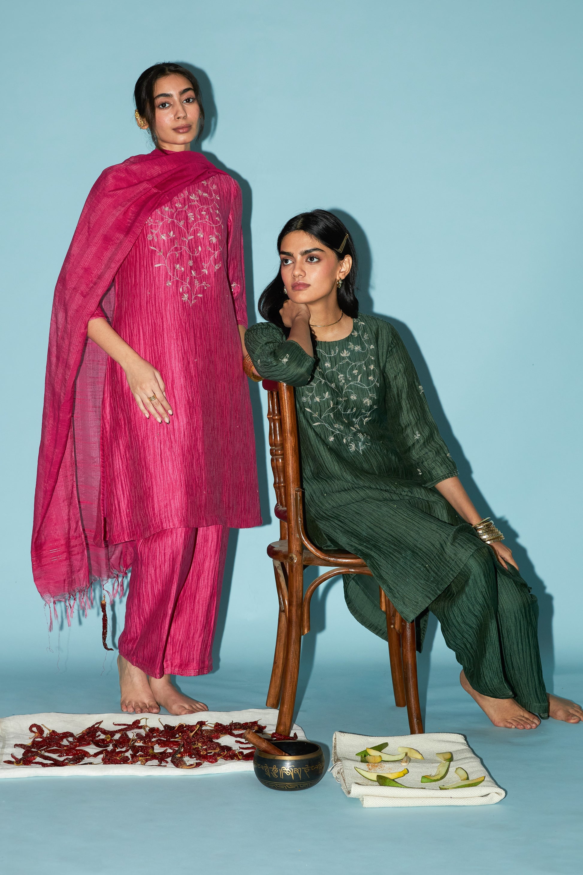 Hot Pink Jaal Embroidered Silk Linen Festive Kurta Set | Oregano