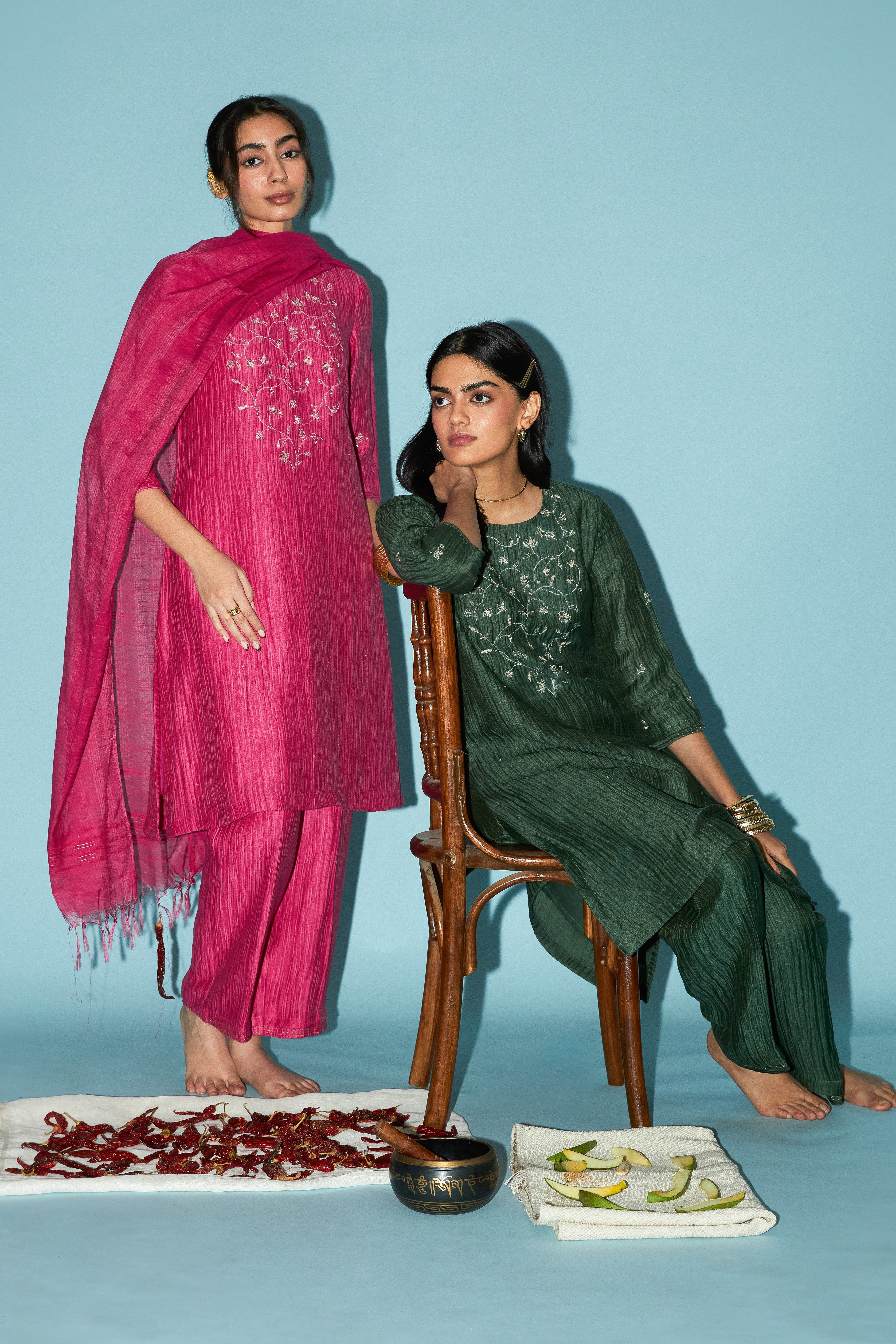 Hot Pink Jaal Embroidered Silk Linen Festive Kurta Set | Oregano
