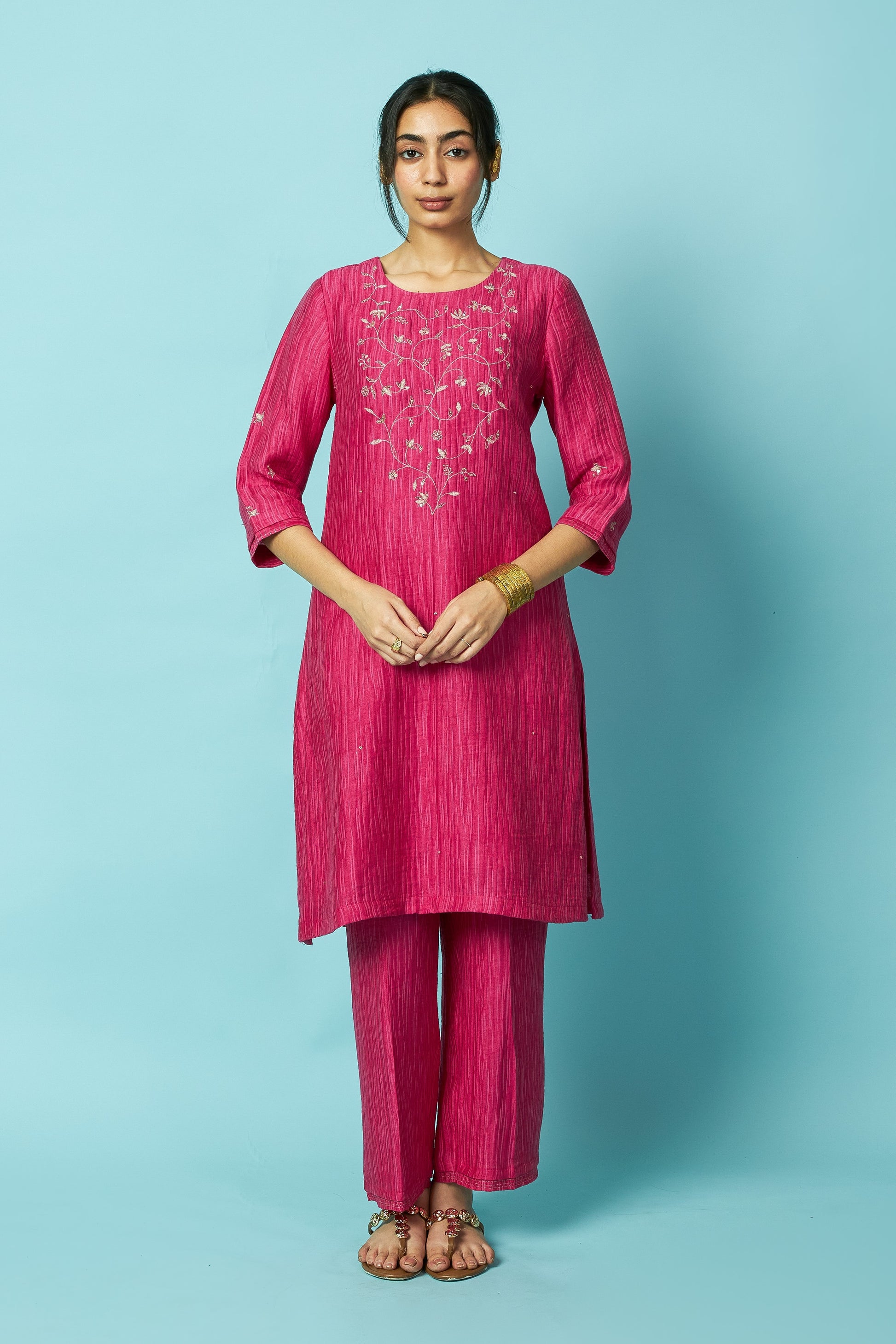 Pink Hot Pink Jaal Embroidered Silk Linen Festive Kurta Set | Oregano