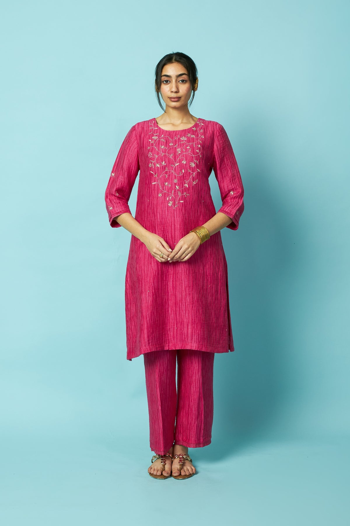 Hot Pink Jaal Embroidered Silk Linen Festive Kurta Set