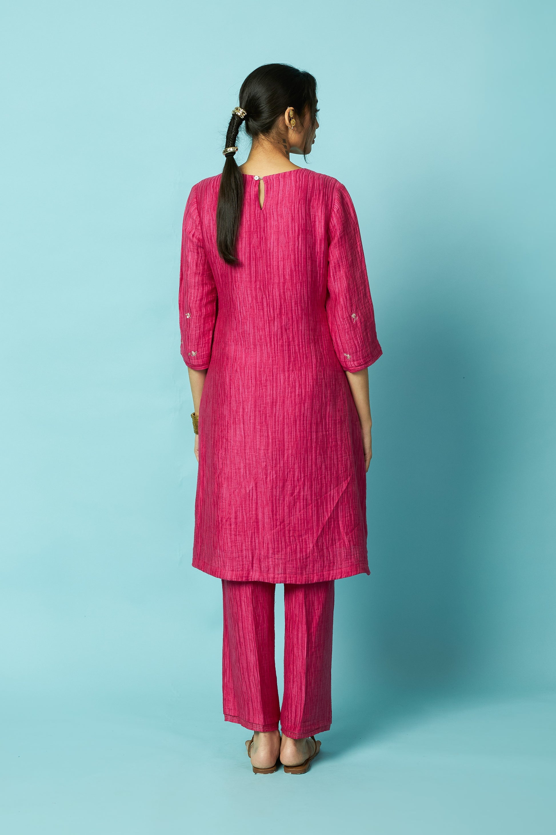 Hot Pink Jaal Embroidered Silk Linen Festive Kurta Set | Oregano