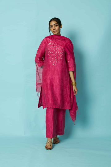 Hot Pink Jaal Embroidered Silk Linen Festive Kurta Set