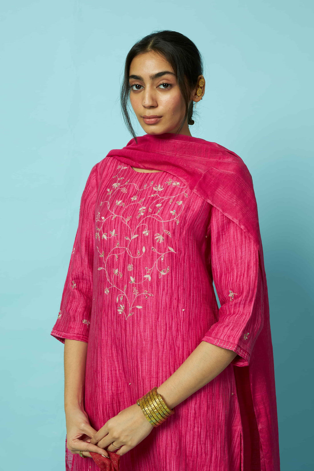 Hot Pink Jaal Embroidered Silk Linen Festive Kurta Set