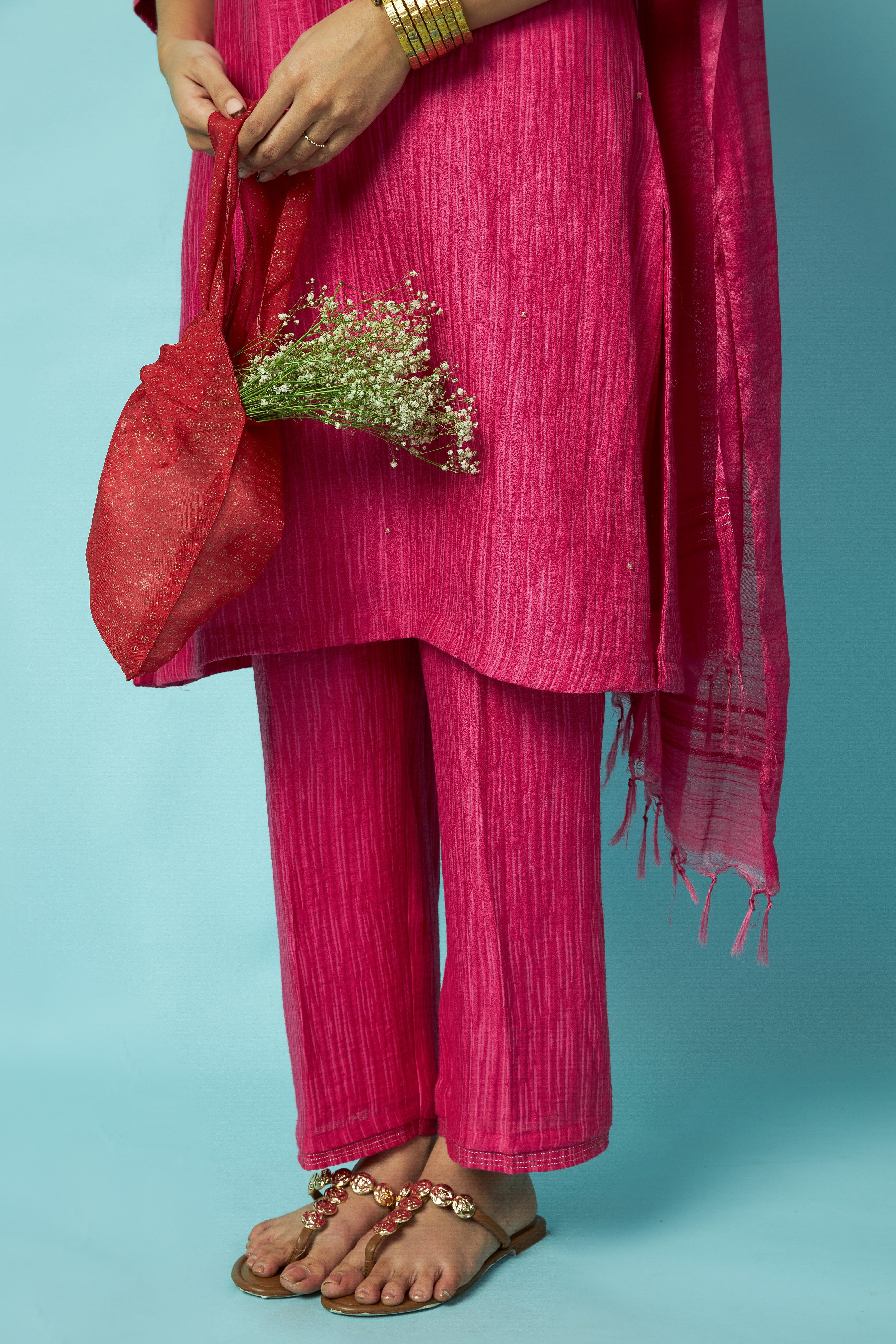 Hot Pink Jaal Embroidered Silk Linen Festive Kurta Set | Oregano