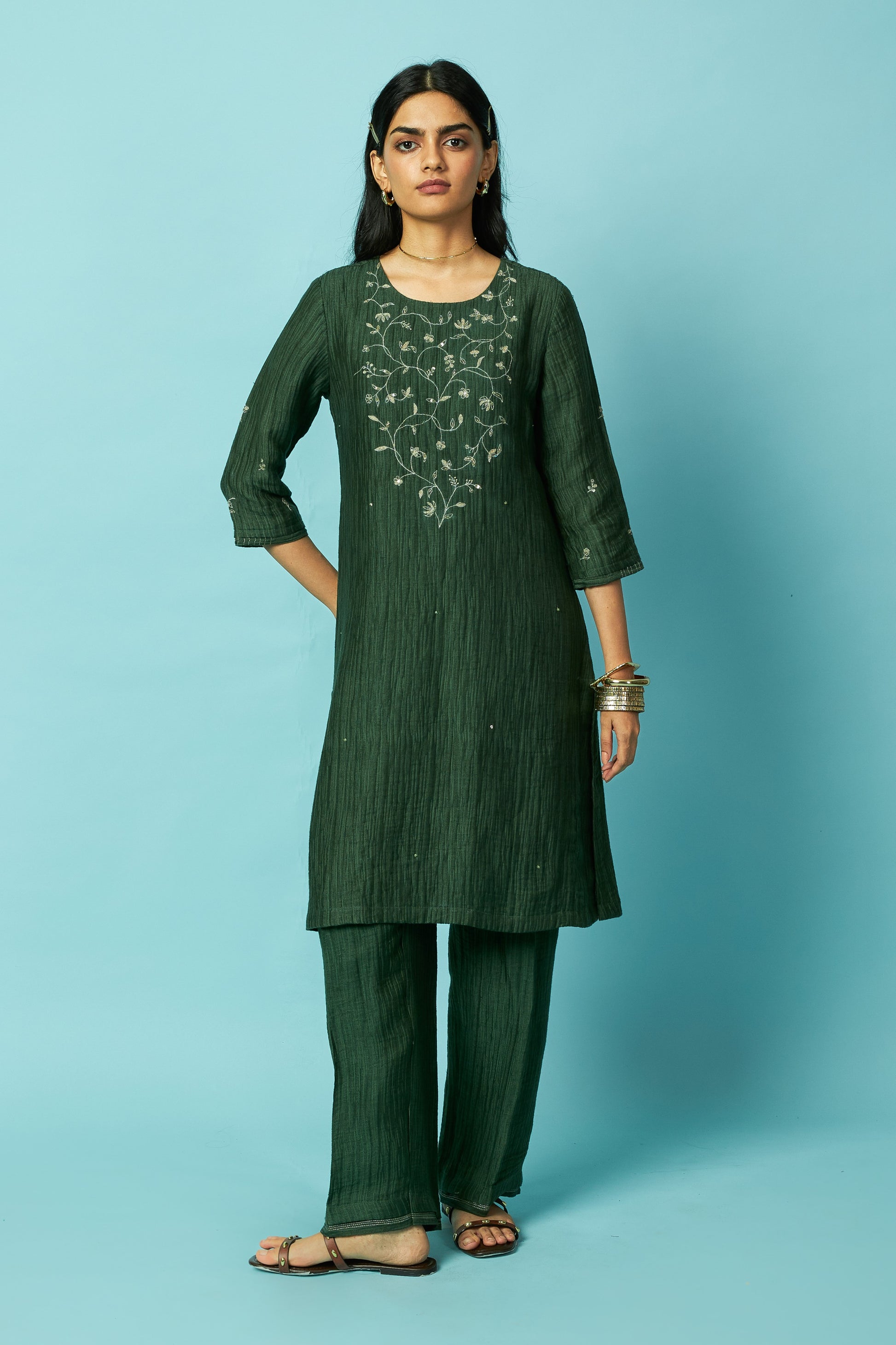 Green Hot Pink Jaal Embroidered Silk Linen Festive Kurta Set | Oregano