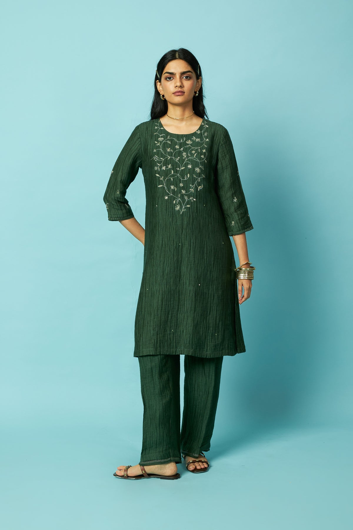 Hot Pink Jaal Embroidered Silk Linen Festive Kurta Set