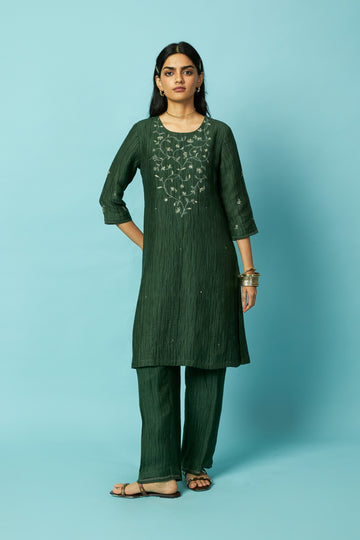 Deep Green Jaal Embroidered Silk Linen Festive Kurta Set