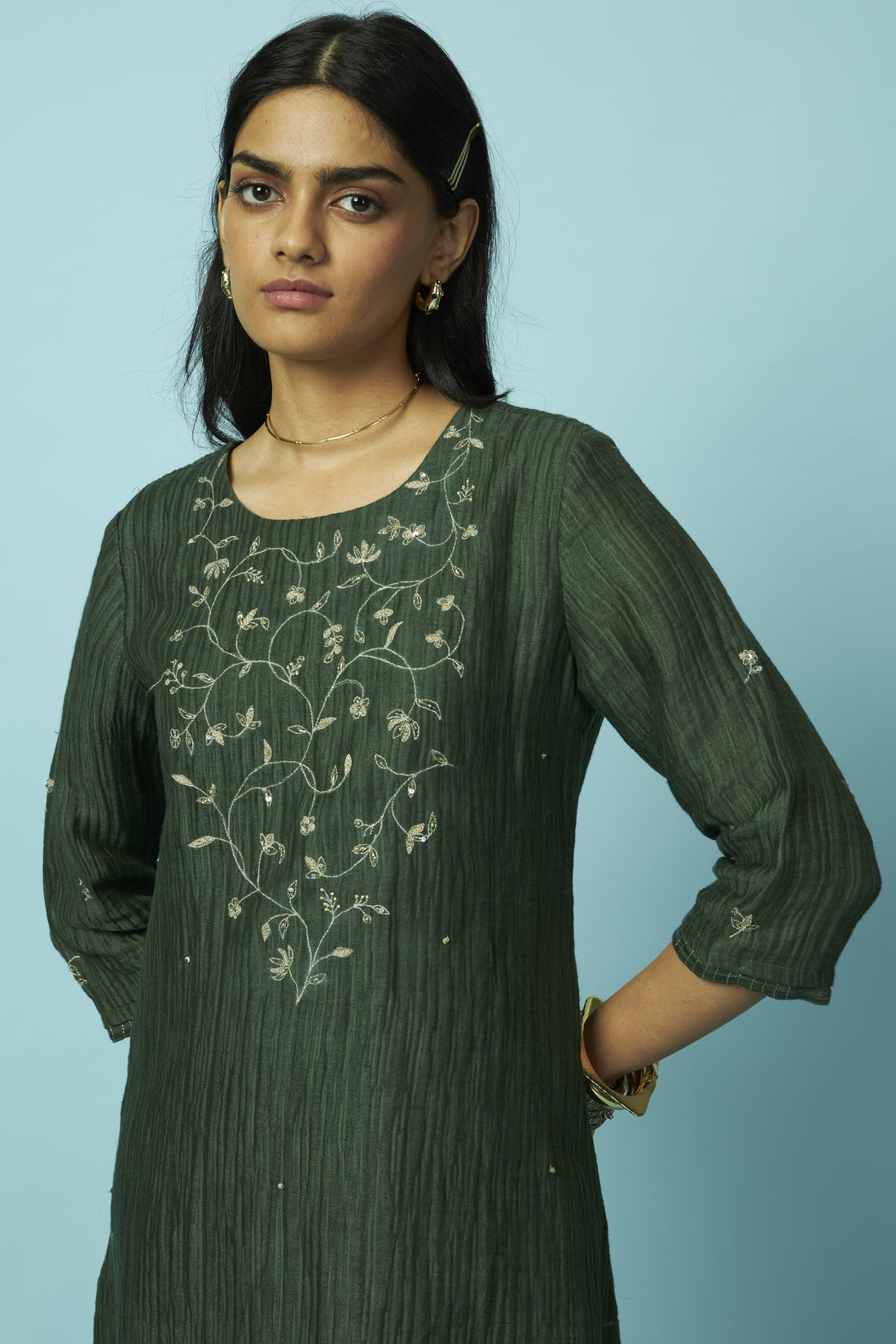Green Hot Pink Jaal Embroidered Silk Linen Festive Kurta Set | Oregano