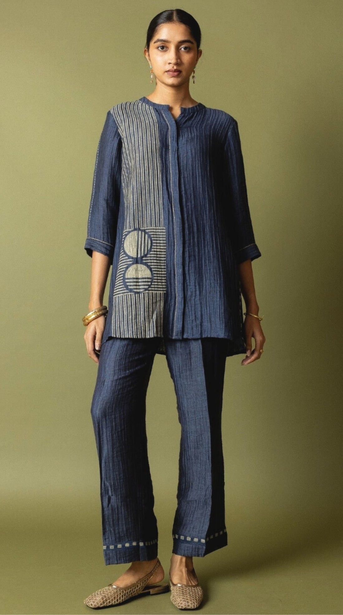 Navy Textured Silk Linen Black Print Set